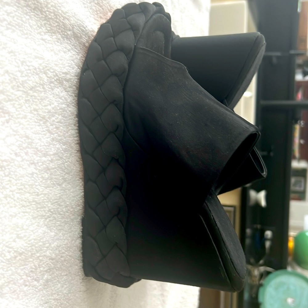 Paloma Barcelo black peep toe satin wedges, size 38 (7.5/8)